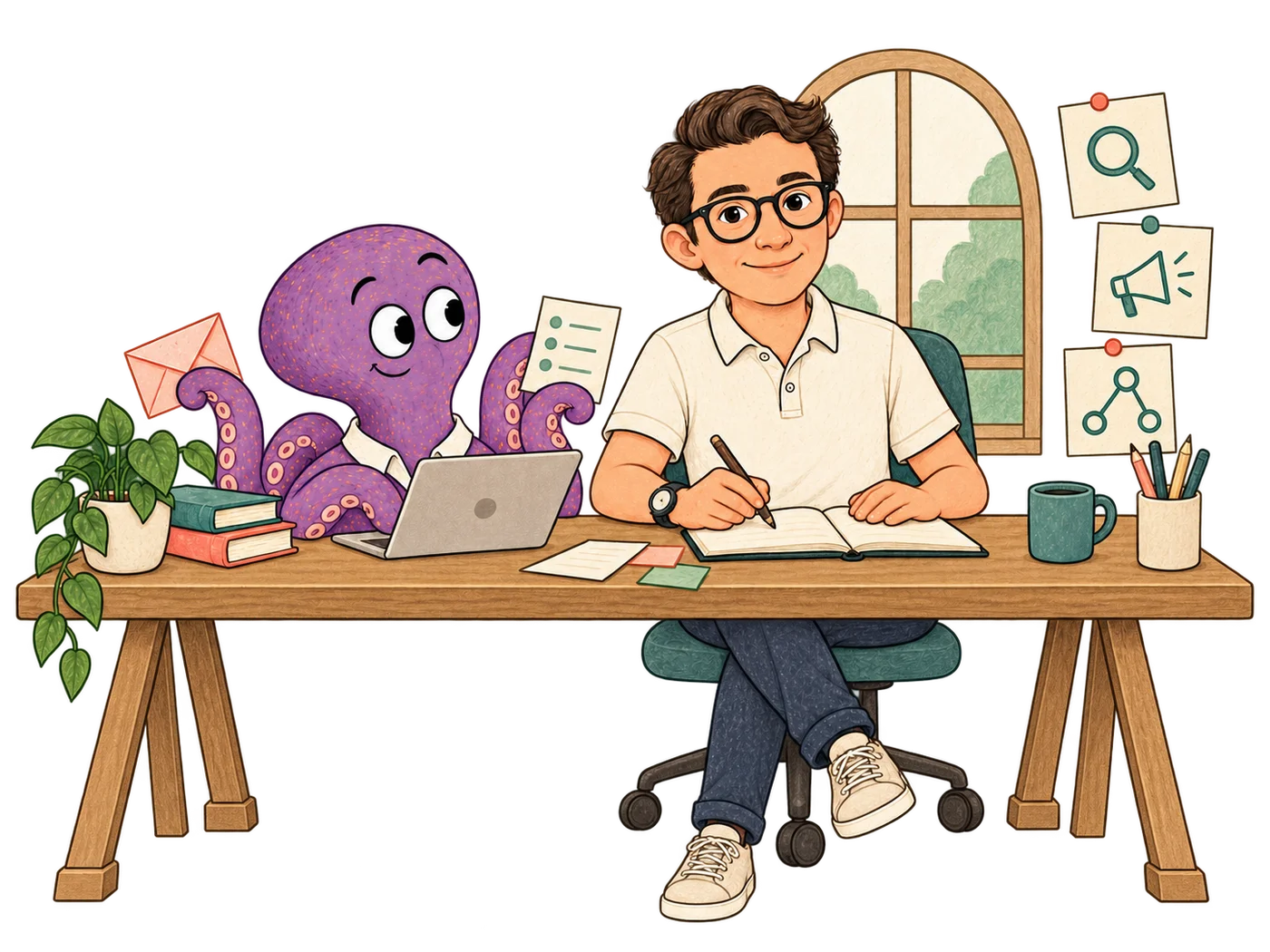 Paolo y el pulpo trabajando juntos en una mesa con un portátil, una libreta y materiales de planificación.